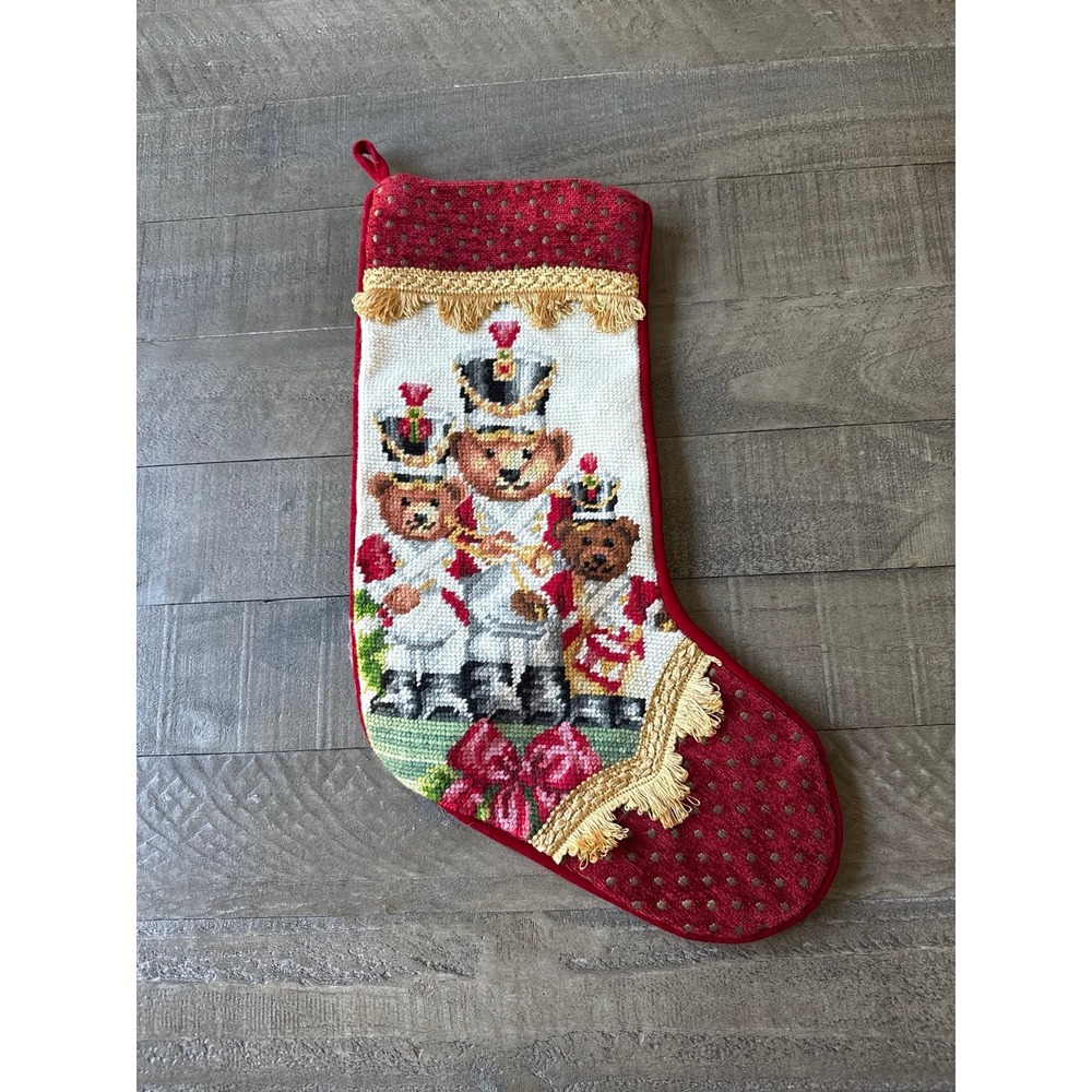Vintage Teddy Bear Soldier Needlepoint Christmas stocking